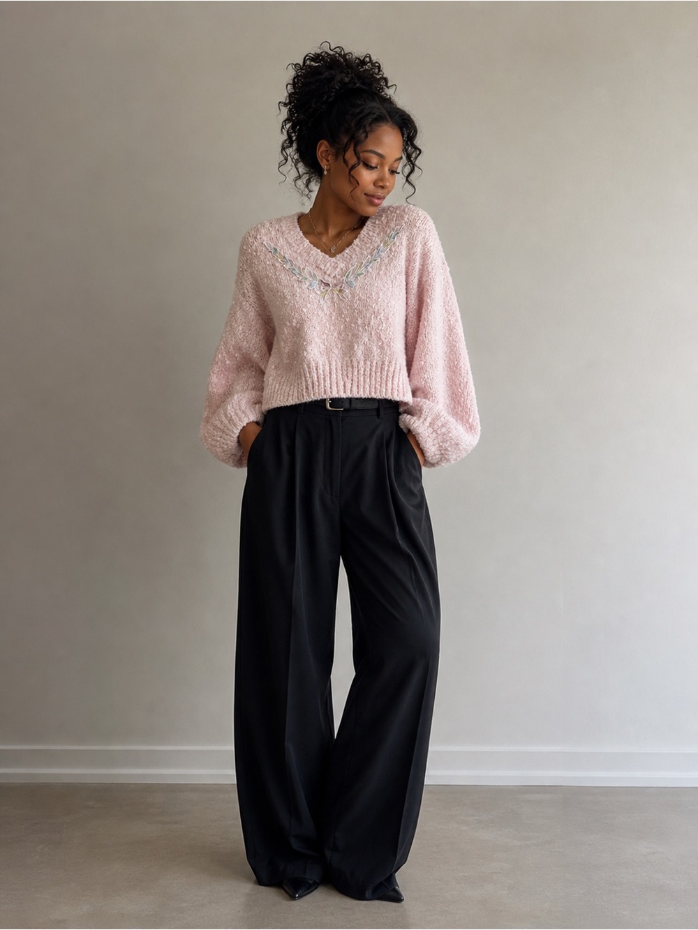 Vintage Knit Sweater with Floral Embroidery